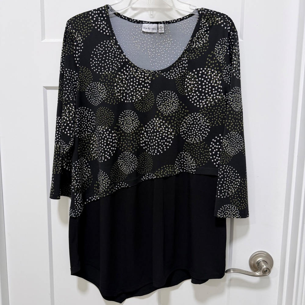 Kim Rogers Womens XL Black Polka Dot Layered Tunic Top 3/4 Sleeve Asymmetry
